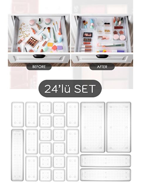 Meleni Home 24'lü Set - Modüler Çekmece İçi Masaüstü Düzenleyici - Takı Organizer Şeffaf - S000113784-26865