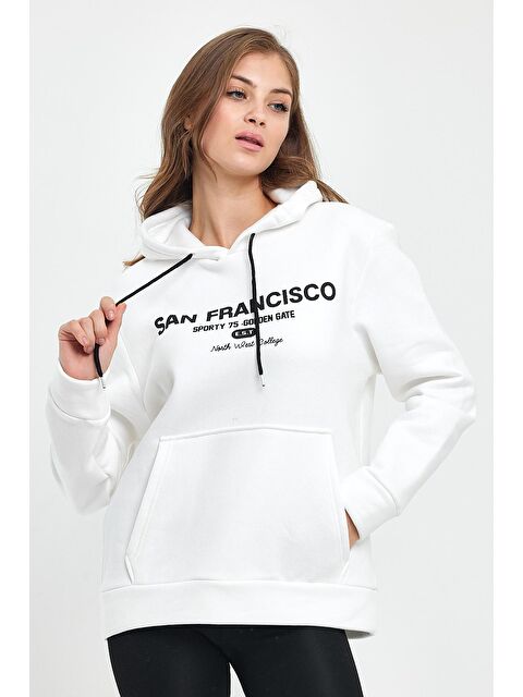 Süperlife Kadın Kapüşonlu Rahat Kalıp İçi Polarlı 3 iplik Kanguru Cepli San Francisco Baskılı Swetashırt - S000064766-19965