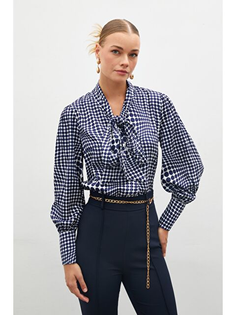 SATEEN Fularlı Desenli Gömlek - Sax Mavi - S000323635-23710