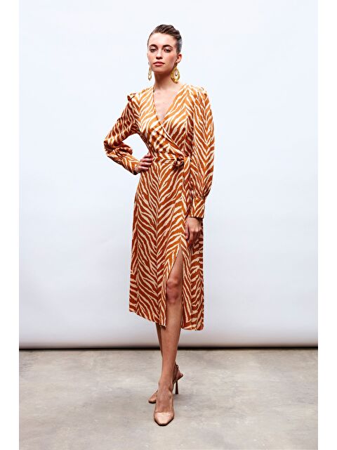 SATEEN Zebra Desenli Kuşaklı Saten Elbise - Camel - S000324172-4557