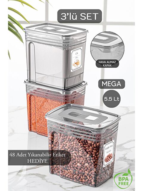 Meleni Home 3 Adet 5,5'litre Mega Boy Lena Erzak Kabı - Kapaklı Un Ve Bakliyat Saklama Kabı - S000108706-29666