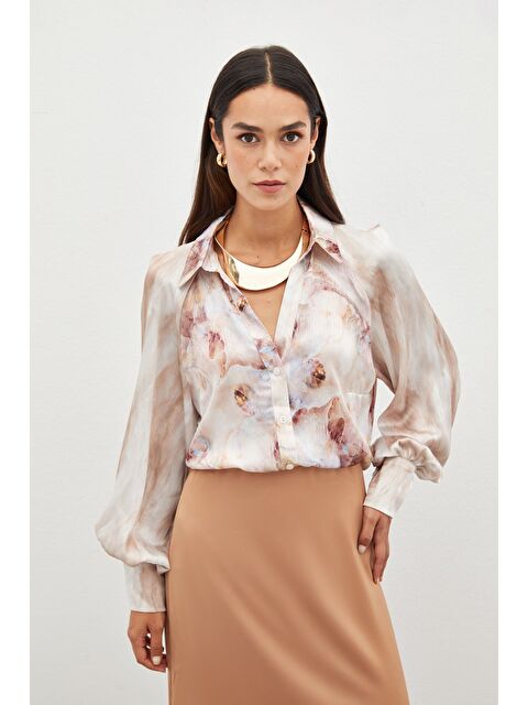 SATEEN Balon Kollu Desenli Gömlek - Taş - S000323570-25636