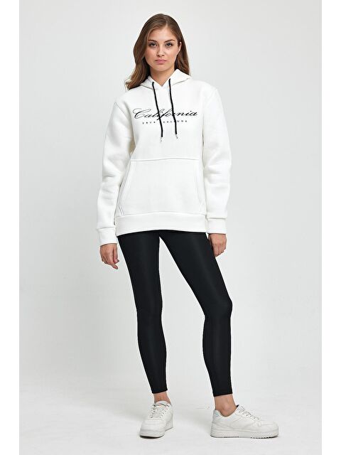 Süperlife Kadın Kapüşonlu Rahat Kalıp İçi Polarlı 3 iplik Kanguru Cepli Californıa Baskılı Swetashırt - S000064769-19965
