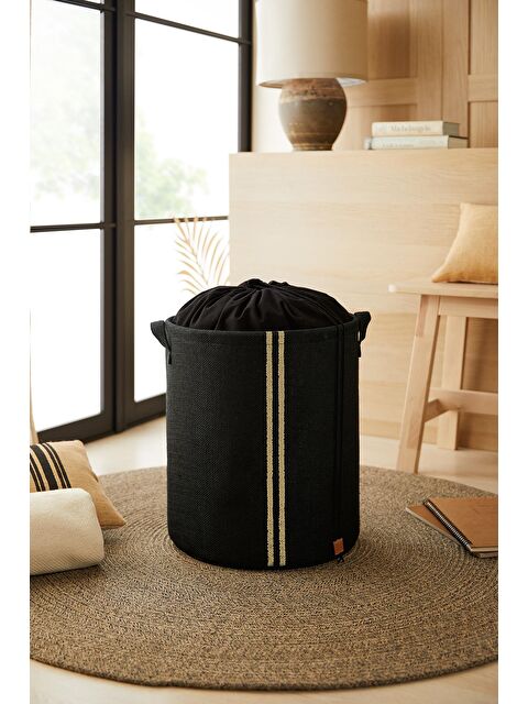 Ocean Home Textile Ağzı Büzgülü Çizgili Siyah Renk Jüt Çamaşır Sepeti 36 x 40 cm - S000091461-19351