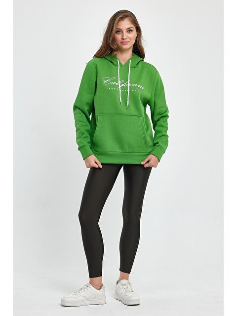 Süperlife Kadın Kapüşonlu Rahat Kalıp İçi Polarlı 3 iplik Kanguru Cepli Californıa Baskılı Swetashırt - S000064769-19972