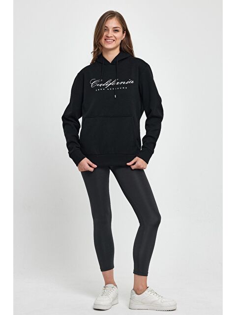 Süperlife Kadın Kapüşonlu Rahat Kalıp İçi Polarlı 3 iplik Kanguru Cepli Californıa Baskılı Swetashırt - S000064769-19351