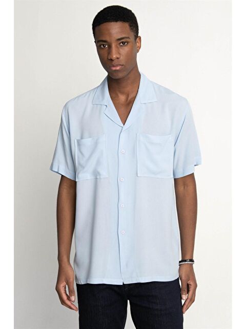 TUDORS Tudors Relax Fit  Kısa Kol Viskon Rahat Kumaş Apaj Yaka Spor Gömlek