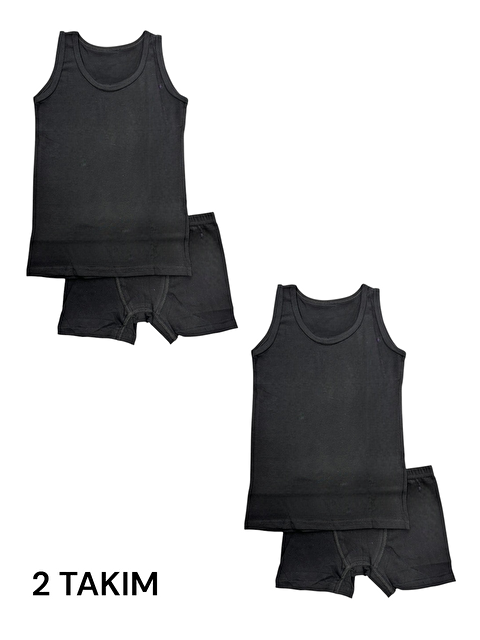 Güneş Siyah Bisiklet Yaka Erkek Çocuk Atlet ve Boxer Takım 2 Takım - S000314549-14430