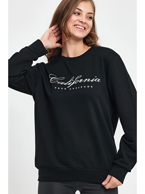 Süperlife Kadın Bisiklet Yaka Rahat Kalıp İçi Polarlı 3 iplik Californıa Baskılı Swetashırt - S000064770-19351