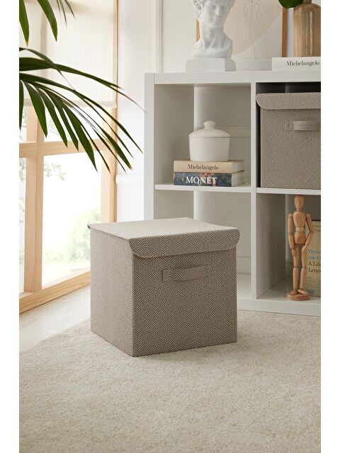 Ocean Home Textile Bej Renk Dokulu Kumaş Kapaklı Kutu 30 x 30 x 30 cm - S000092013-19928