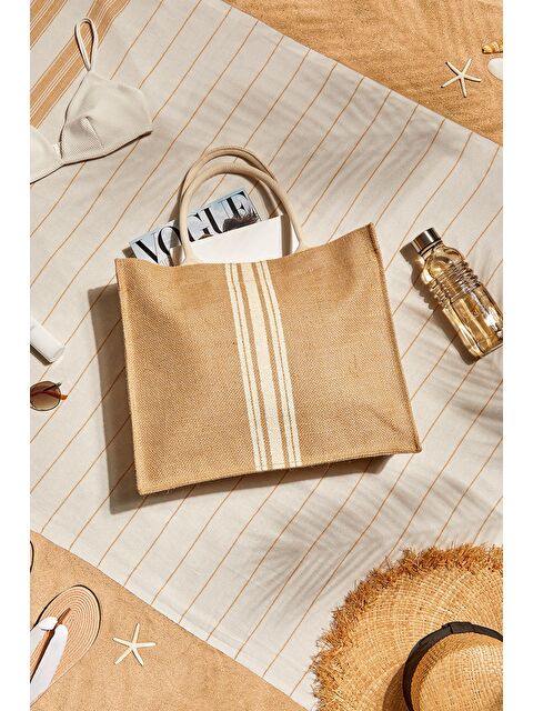 Ocean Home Textile Çizgili Jüt Çanta 42 x 12 x 35 cm - S000102799-19928