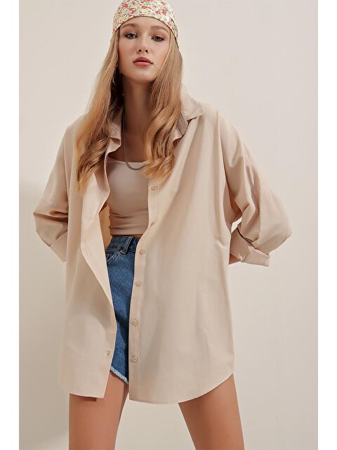 Bigdart 3900 Oversize Uzun Basic Gömlek - Krem - S000081512-19966