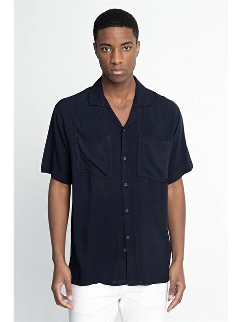 TUDORS Tudors Relax Fit  Kısa Kol Viskon Rahat Kumaş Apaj Yaka Spor Gömlek