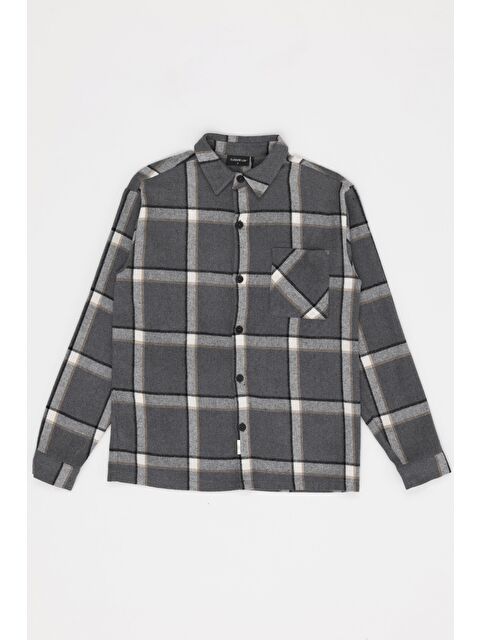 For You Man Oversize Ekoseli Tek Cep Gri Oduncu Gömlek - S000325412-20600