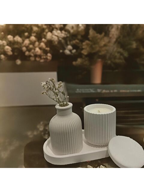 Havalı Tasarım Beyaz Renk Özel Tasarım Mumluk ve Vazo Seti - S000210761-20063