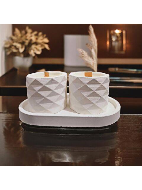 Havalı Tasarım Geometrik 2'li Mum Seti & Mumluk - S000210769-20063