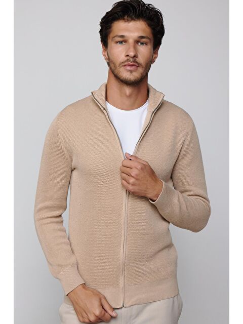 TUDORS Yarım Balıkçı Yaka Fermuarlı Taş Rengi Erkek Hırka