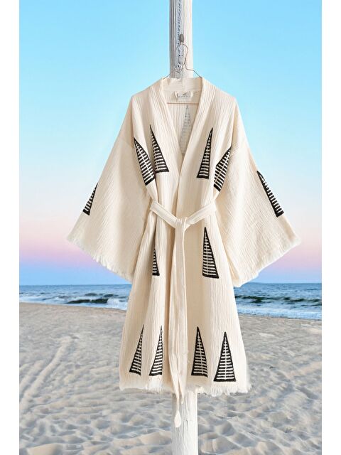 Varol Organik %100 Pamuk Kimono Yaka Sabalık Bornoz Plaj Elbisesi - Piramit - L/XL KREM/L/XL - S000418251-6418
