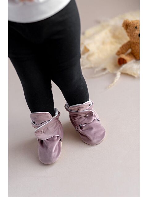 First Step Kadife Kaydırmaz Tabanlı Pamuk Astarlı Çıtçıtlı Gülkurusu Panduf - F-870 - S000046722-20028