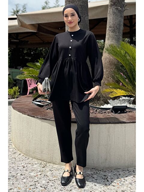 Julude Kadın Taşlı Düğmeli Fırfırlı Tunik Pantolon Tesettür İkili Takım - S000361262-19351