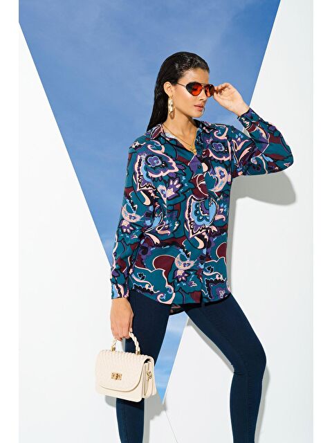 For You Moda Yeşil Etnik Desen Viskon Gömlek - S000023198-18194