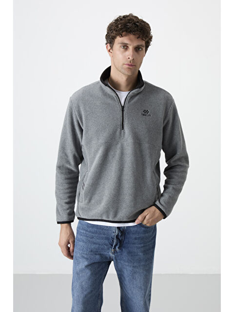 Tommylife Gri Melanj Yarım Fermuarlı Sweatshirt Slim Fit Dik Yaka Erkek Polar - 87891 - S000084526-20600