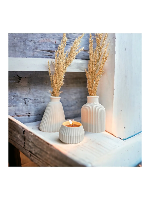 Havalı Tasarım 3 Lü Pampas Vazosu, Desenli Vazo Ve Tealight Mumluk Set - S000158645-20063