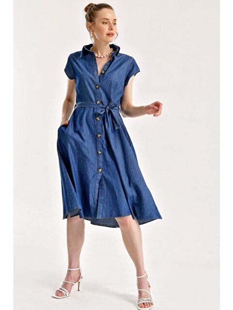 Hazelin Kadın Denim Kısa Kollu Boydan Düğmeli Beli Kuşaklı Jean Gömlek Elbise HZL22S-BD121761 - S000051248-3695