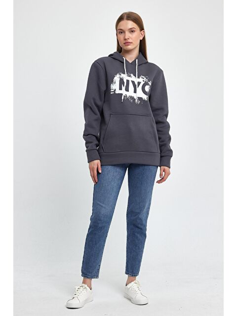 Süperlife Kadın Kapüşonlu Rahat Kalıp İçi Polarlı 3 iplik NYC Baskılı SweatShırt spr24swK09 - S000086880-17308