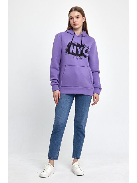 Süperlife Kadın Kapüşonlu Rahat Kalıp İçi Polarlı 3 iplik NYC Baskılı SweatShırt spr24swK09 - S000086880-17878