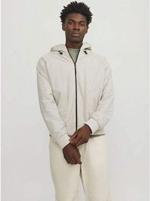 Jack & Jones Track Bomber Bej Kapüşonlu Erkek Fermuarlı Sweatshirt Hırka