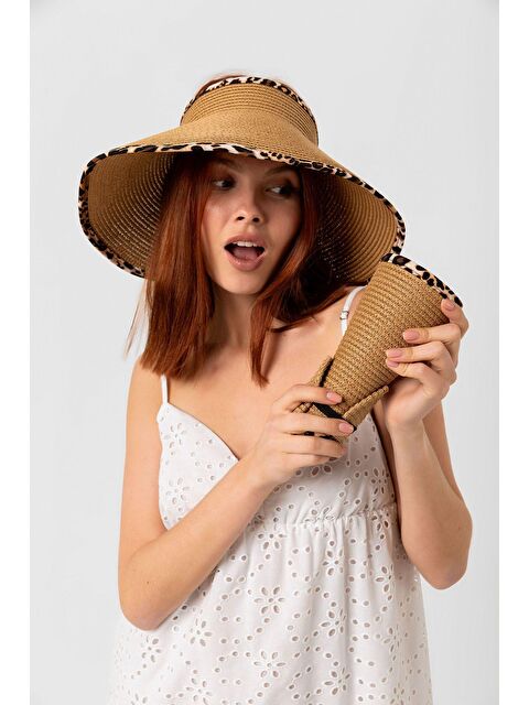 Luminos Butik Camel Leopar Şerit Detaylı Hasır Vizör Şapka Hsr2076 - S000204273-4557
