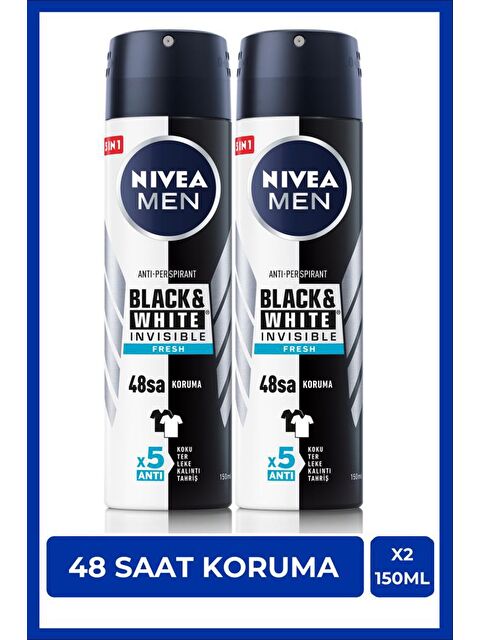 NIVEA Black & White Invisible Fresh Erkek Sprey Deodorant 150 ml x2Adet, 48 Saat Koruma - S000113441-26865