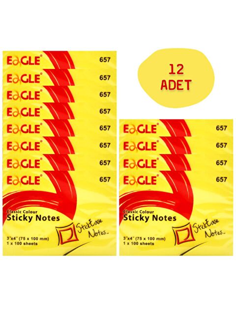 Eagle 75x100 mm Klasik Renk Yapışkanlı Not Kağıdı 100 Yaprak Sarı (657) 12 Adet - S000075971-20072