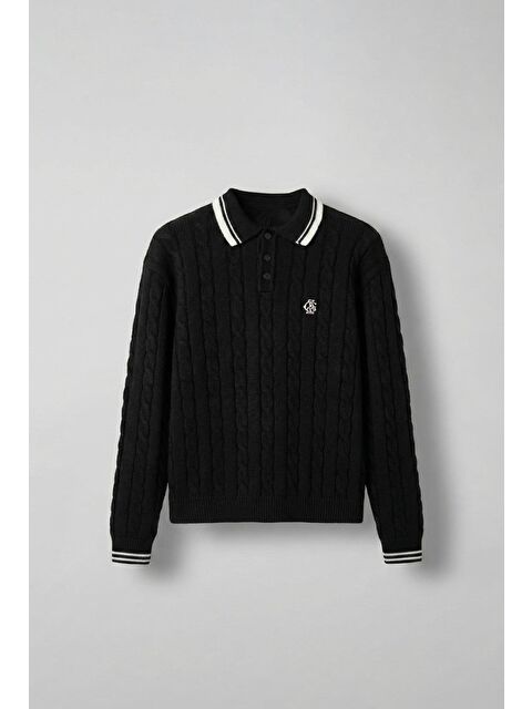 Abluka Online Erkek Oversize Polo Yaka Örgü Desenli Triko Kazak Siyah - S000487350-19351