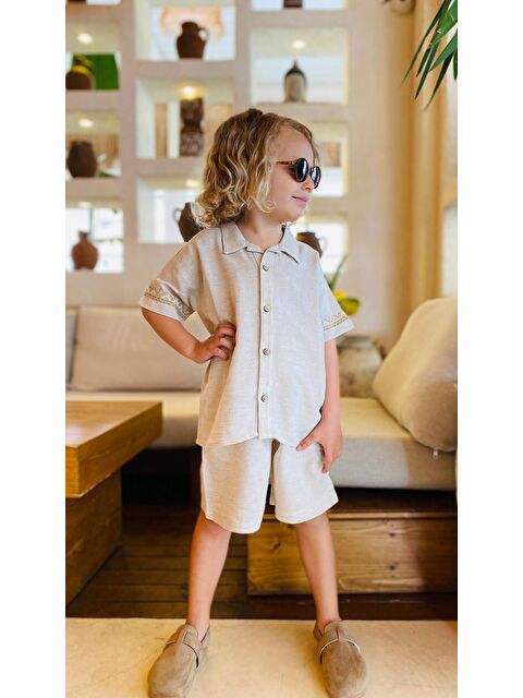CİGİT Kolları Nakışlı Gömlek Şort Keten Takım 2-7 Yaş Naturel - S000381435-19966
