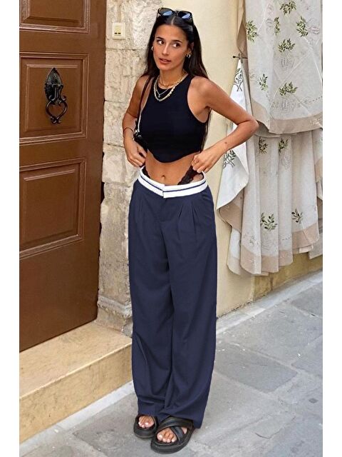 Madmext Lacivert Kemer Detaylı Bol Paça Pantolon Mg1834 - S000030965-21164