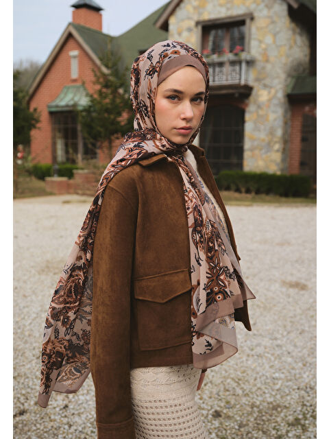 Fresh Scarfs Wıld Flora Desen İpek Krep Şal Vizon