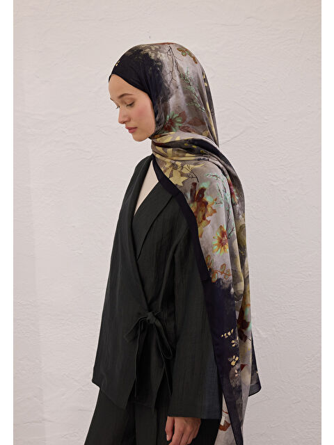 Fresh Scarfs Dıtsy Leaves Desen Rami Şal Siyah