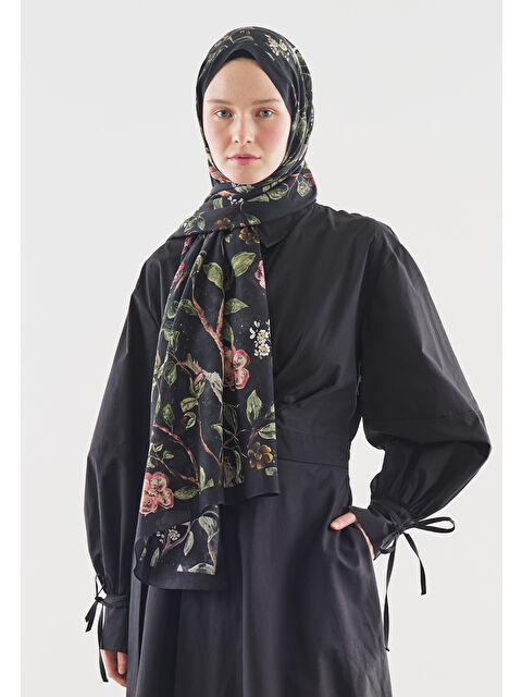 Fresh Scarfs Siyah Flower Raın Desenli Pamuk Viskon Şal