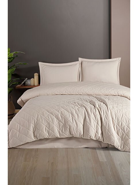 Nordqueen Ranforce %100 Pamuk Tek Kişilik Dört Mevsim Kapitoneli Nevresim Takımı Etta Taş Rengi - S000364468-25636