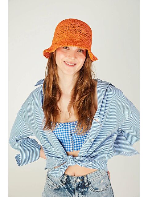 Luminos Butik Turuncu Ithal El Örgüsü Hasır Şapka - S000204221-20013