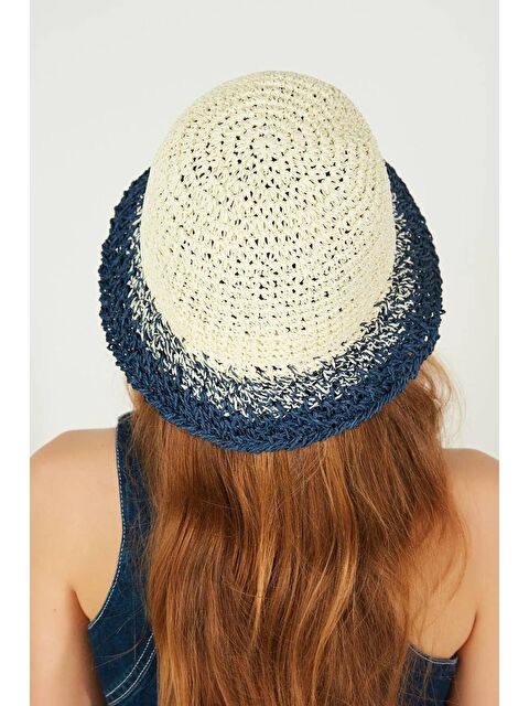 Luminos Butik Kadın Ekru-Lacivert El Örgüsü Hasır Şapka HSR2072