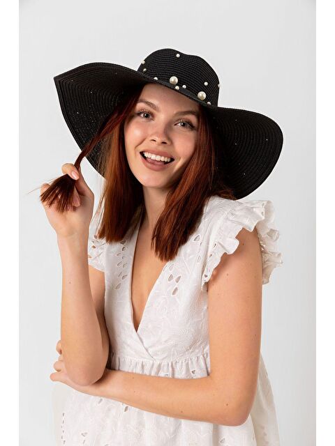 Luminos Butik Siyah Incili Geniş Hasır Şapka Kutulu Gönderim Hsr2069