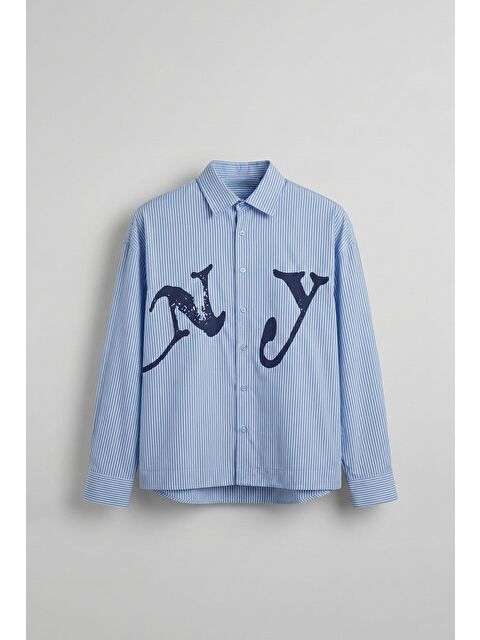 Abluka Online Erkek Oversize Çizgili Baskılı Gömlek Mavi - S000365697-17234