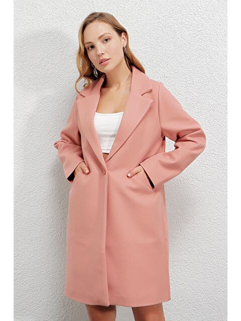 Hazelin Kadın Pembe Tek Düğmeli Çift Cepli Astarlı Şık Kaşe Kaban HZL23W-BD190851 - S000040252-20024
