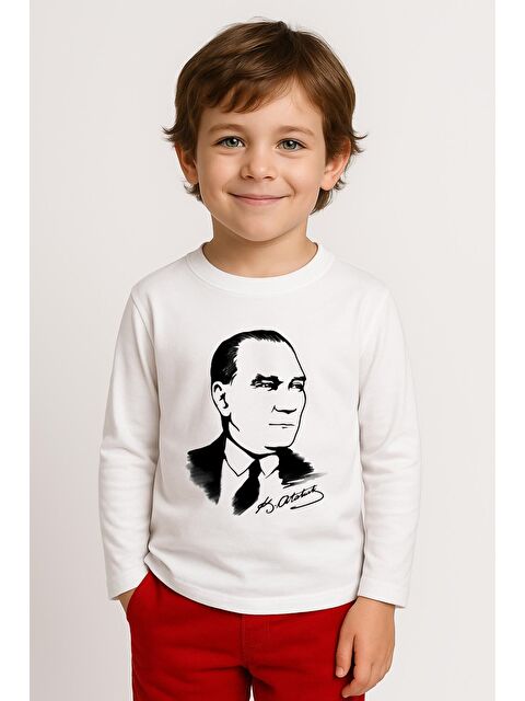 ZEYLAND Unisex Çocuk Atatürk Baskılı Uzun Kollu Tişört - Beyaz - S000316381-20063