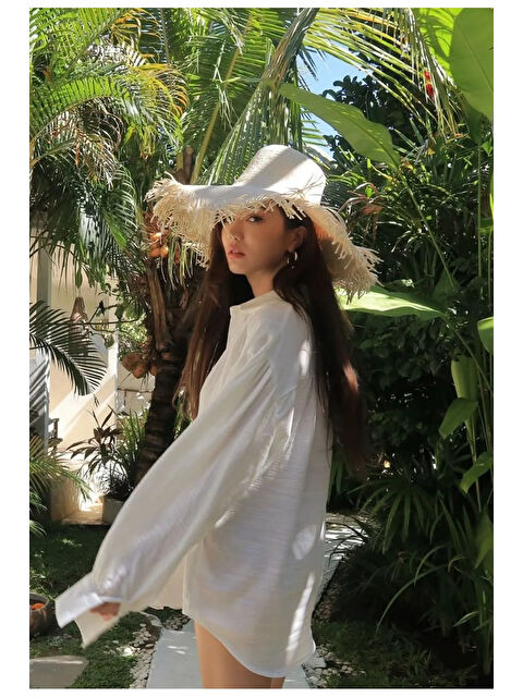 Luminos Butik Bej Hasır Püsküllü Delikli Hasır Şapka  Nefes Alabilir Plaj Aksesuarı HSR2096 - S000360936-19928