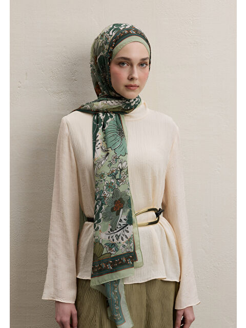 Fresh Scarfs Dahlıa Desen İpek Krep Şal Haki