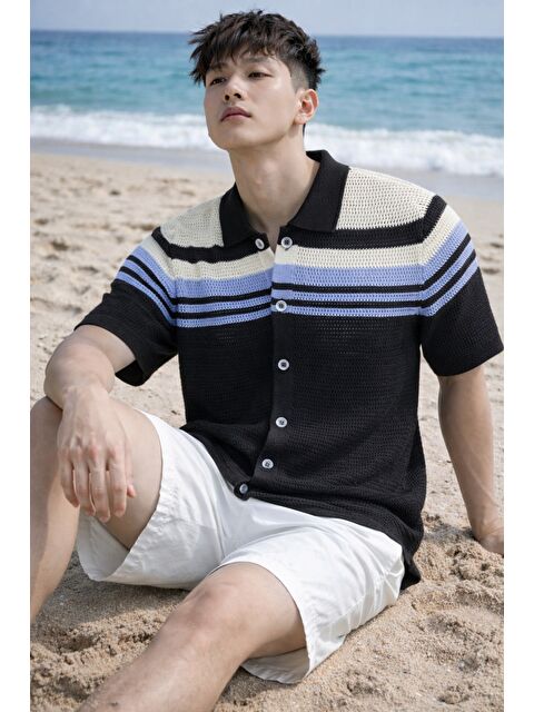 Tarz Cool Çizgili Erkek Triko Gömlek Yaka Hırka Yazlık Rahat Kesim